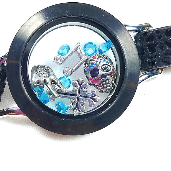 Origami Owl Wrap Bracelet Floating Locket Skull Music Note Peace Sign Black - Picture 2 of 6